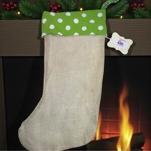 Christmas Stocking green with Polka Dot Trim burlap hand crafted lined